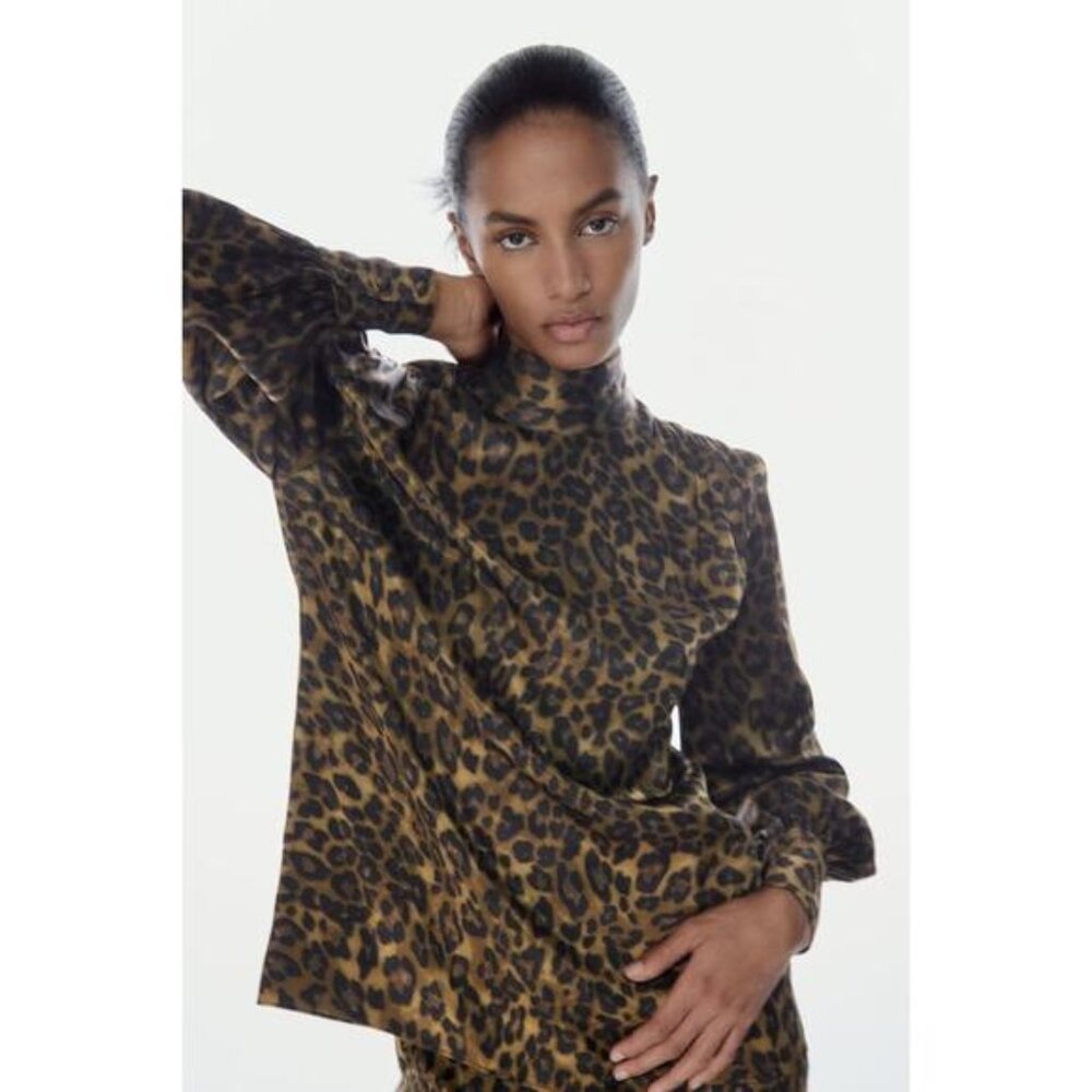 Zara Animal Print Women's High Collar Blouse Leopard Size S